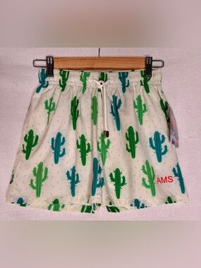 White Cactus Print Swim Trunks with Green/Teal Accent by Amsterdam NWT